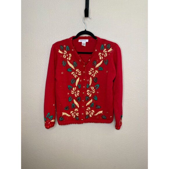 Arriviste Womens Red Embroidered Knit Cardigan Medium Button-Up Long Sleeve - Picture 1 of 6